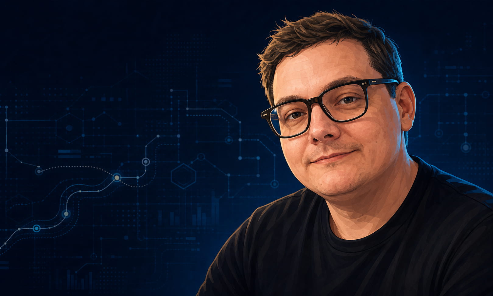 Illustrated portrait of Maxwell, principal advisor at Maxwell Tech Strategies